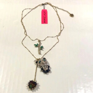BETSEY JOHNSON Vintage Two Chain Crystal-Studded Panda Bamboo Leaf Necklace NWT